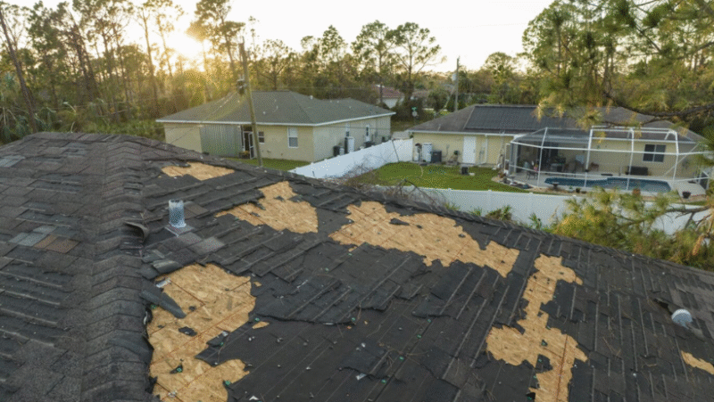 A roof with damaged shingles, showcasing wear, with a house visible in the background.
