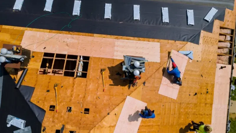A roofing crew diligently installing shingles on a house