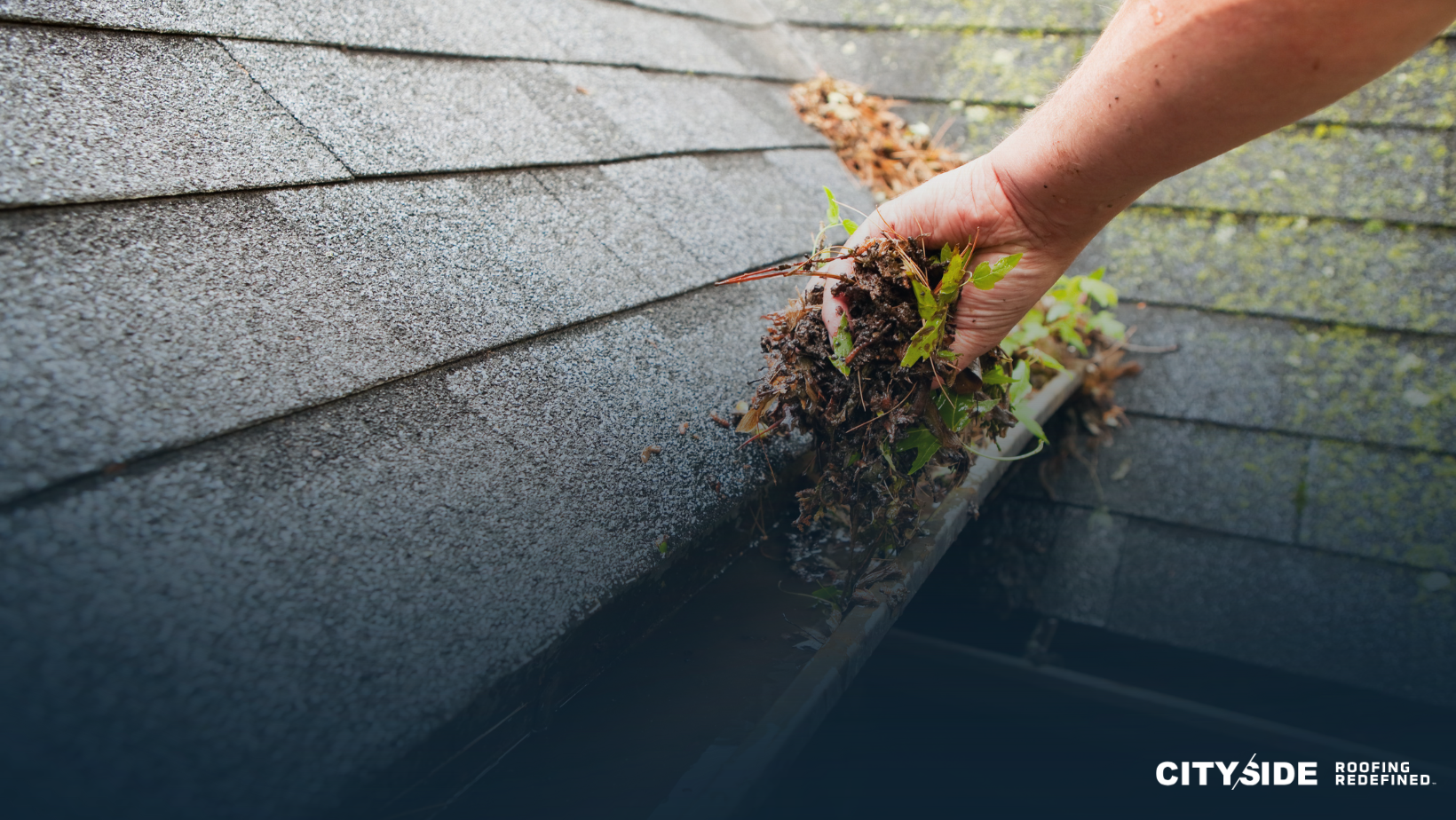 A person using a ladder to clean gutters, demonstrating proper techniques for maintaining clear drainage systems.