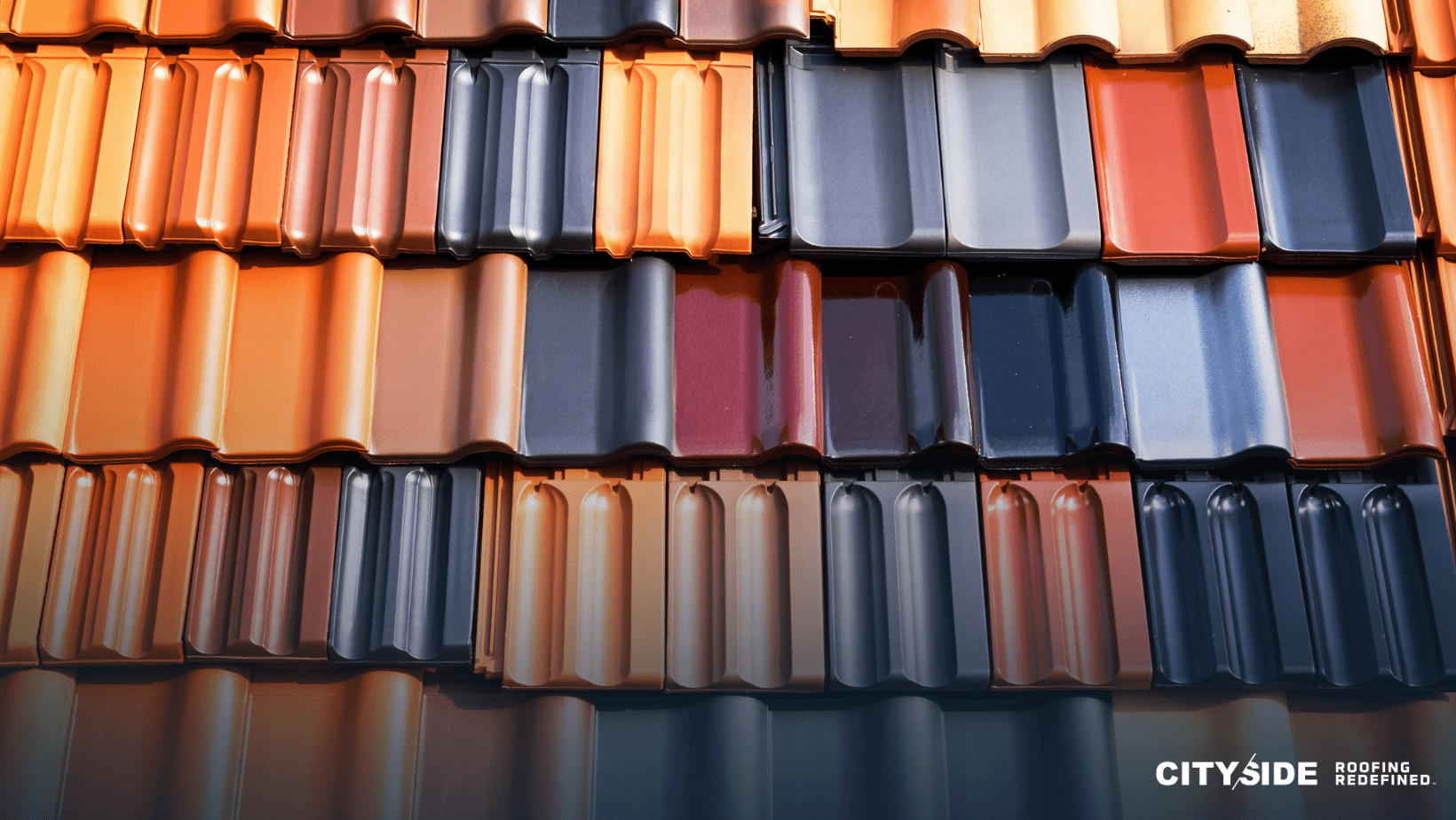 A close-up view of a vibrant, multicolored roof showcasing an array of bright hues and patterns.