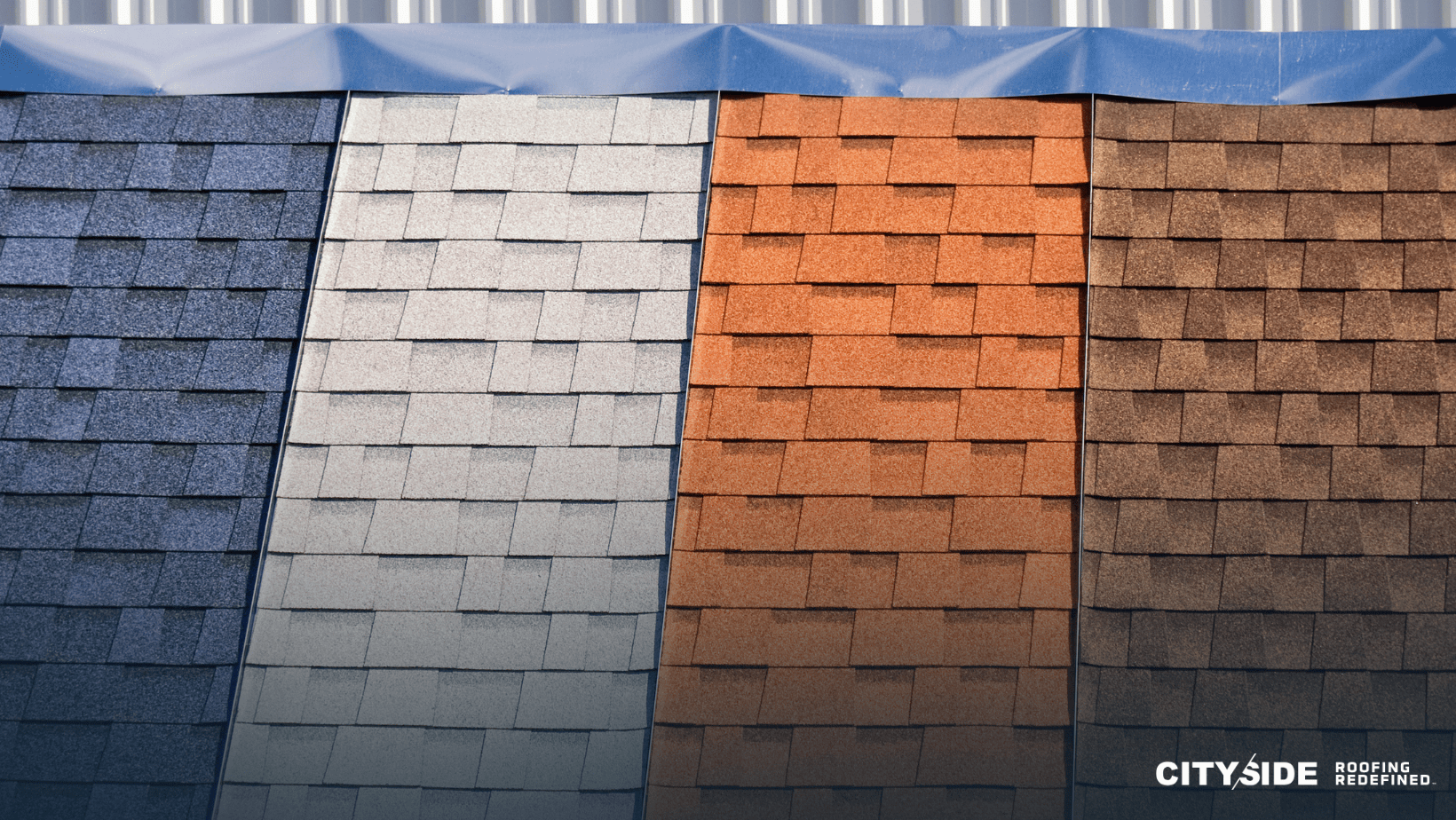 A roof displaying four distinct colors of shingles, showcasing a vibrant and varied design.