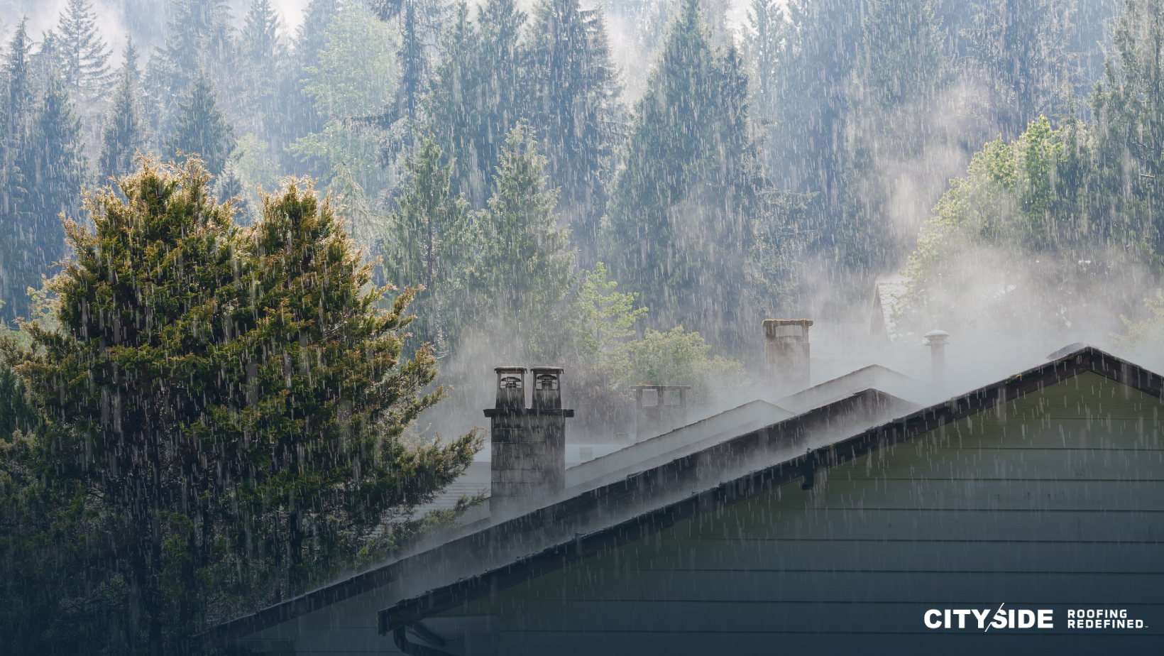 A cozy house with a chimney stands amidst falling rain, creating a serene and tranquil atmosphere.