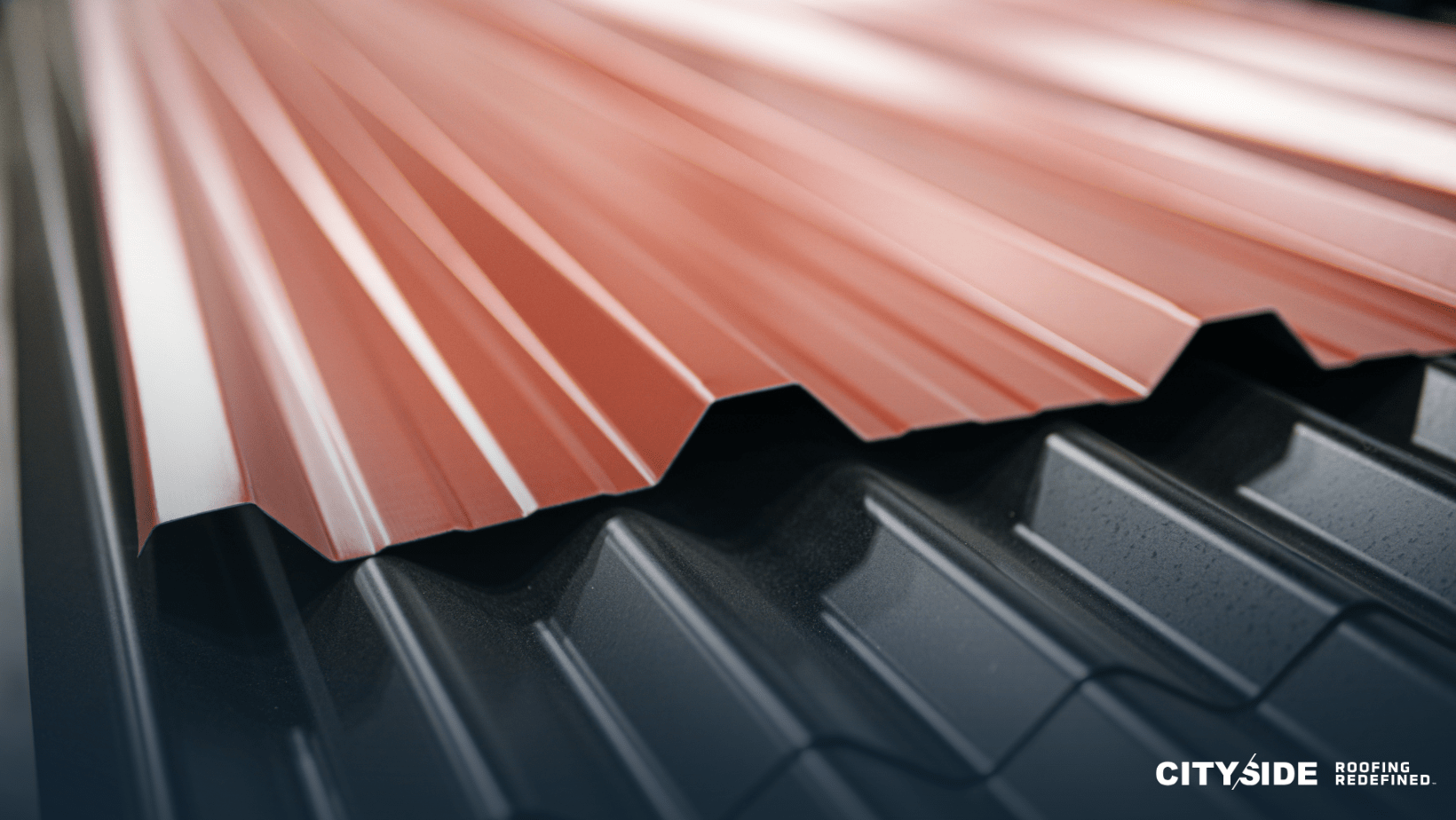 Close-up view of a corrugated roof featuring alternating red and black stripes, showcasing texture and color contrast.