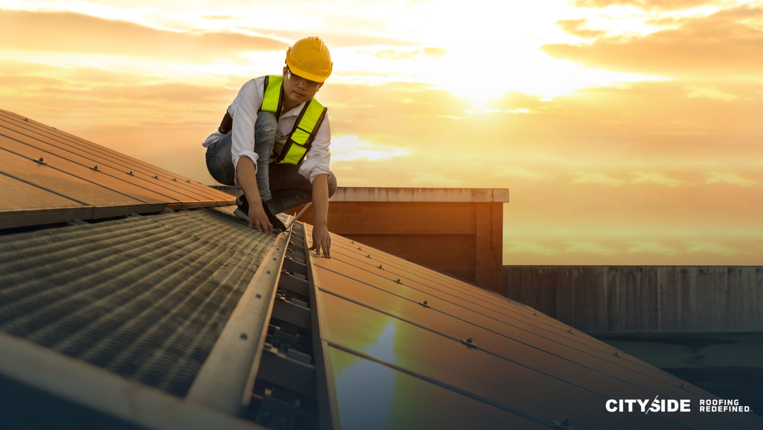 A man wearing a hard hat and safety vest stands on a building's roof, overseeing construction work.