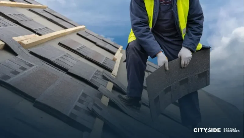 A man wearing a safety vest is performing maintenance work on a rooftop, ensuring safety while handling tools