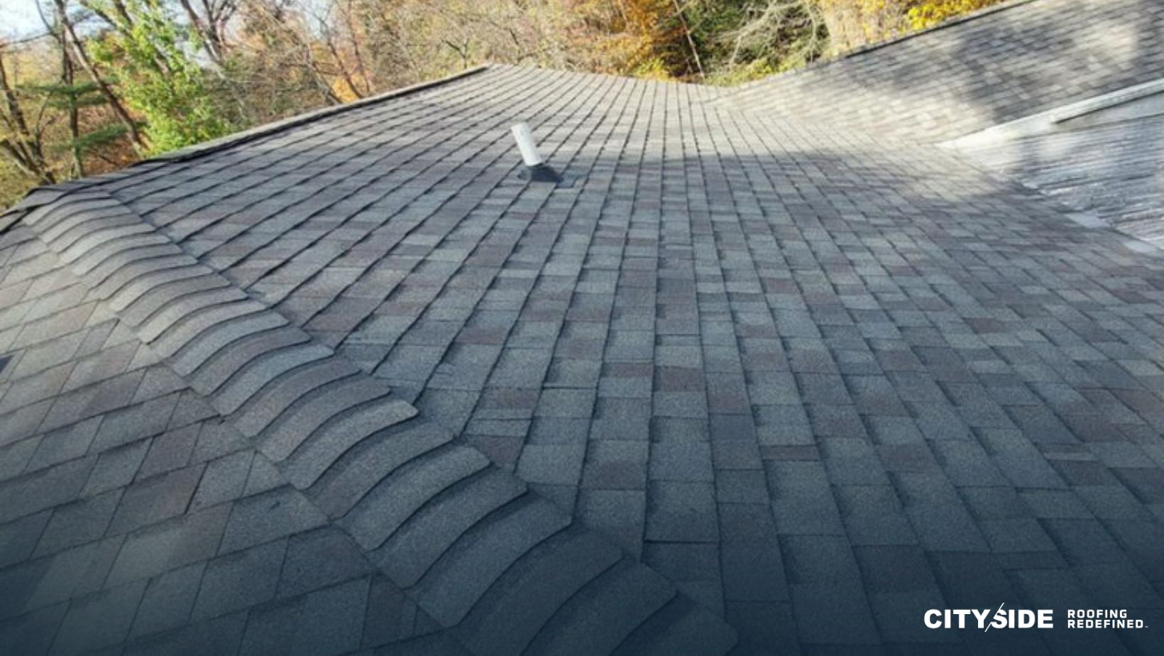 A close-up of a roof featuring a single shingle