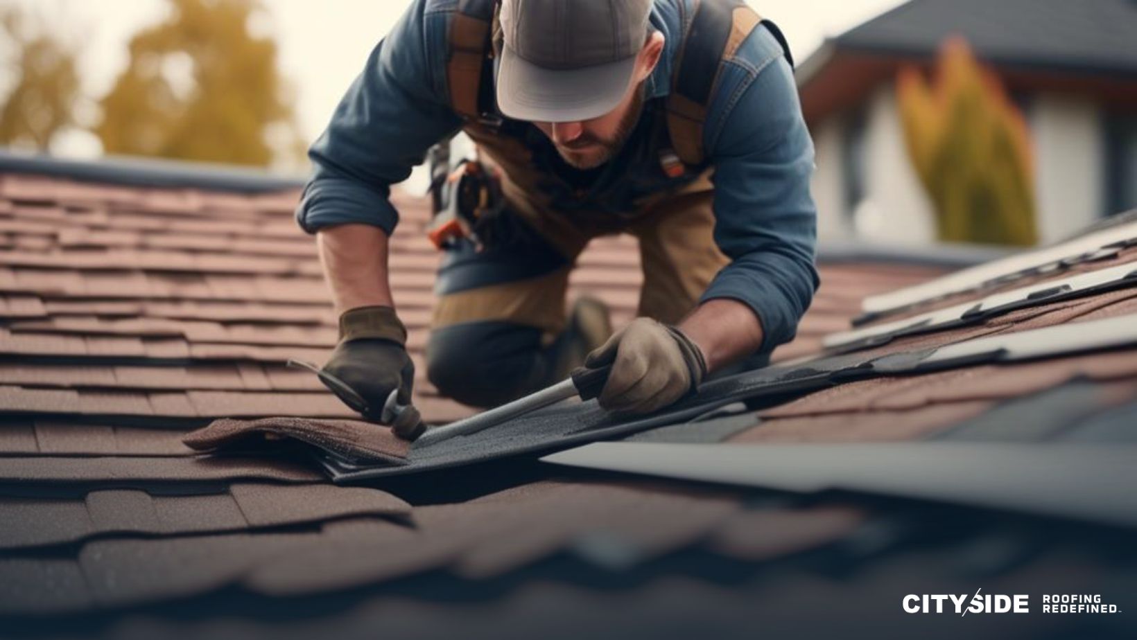 A man using a hammer to work on a roof