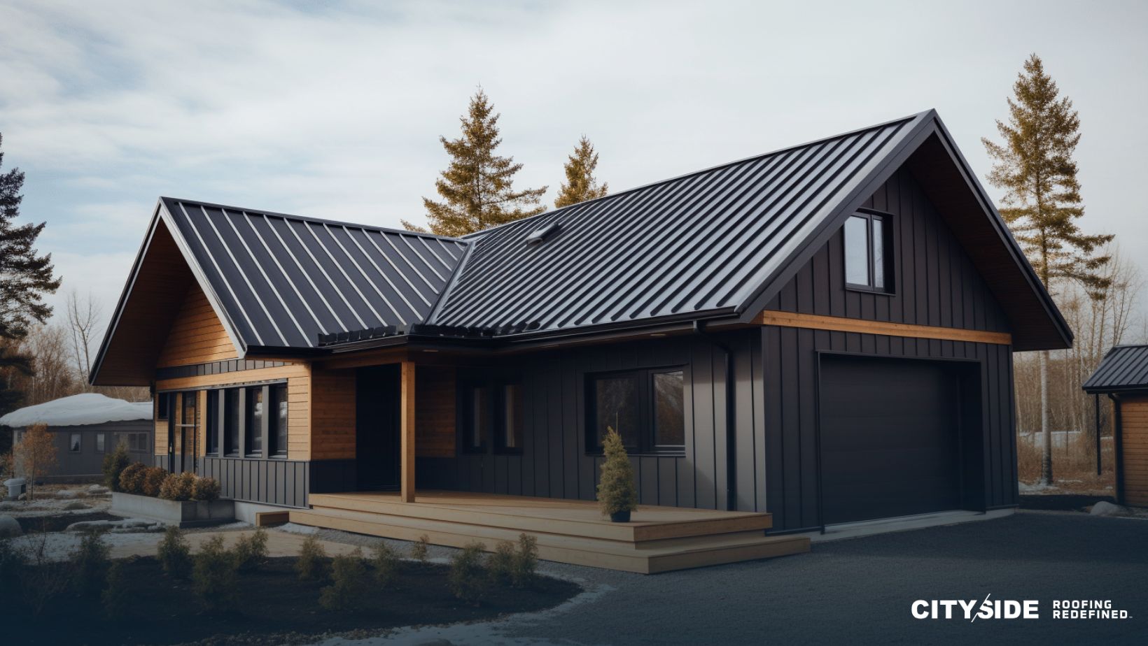 home with a metal roof and black siding