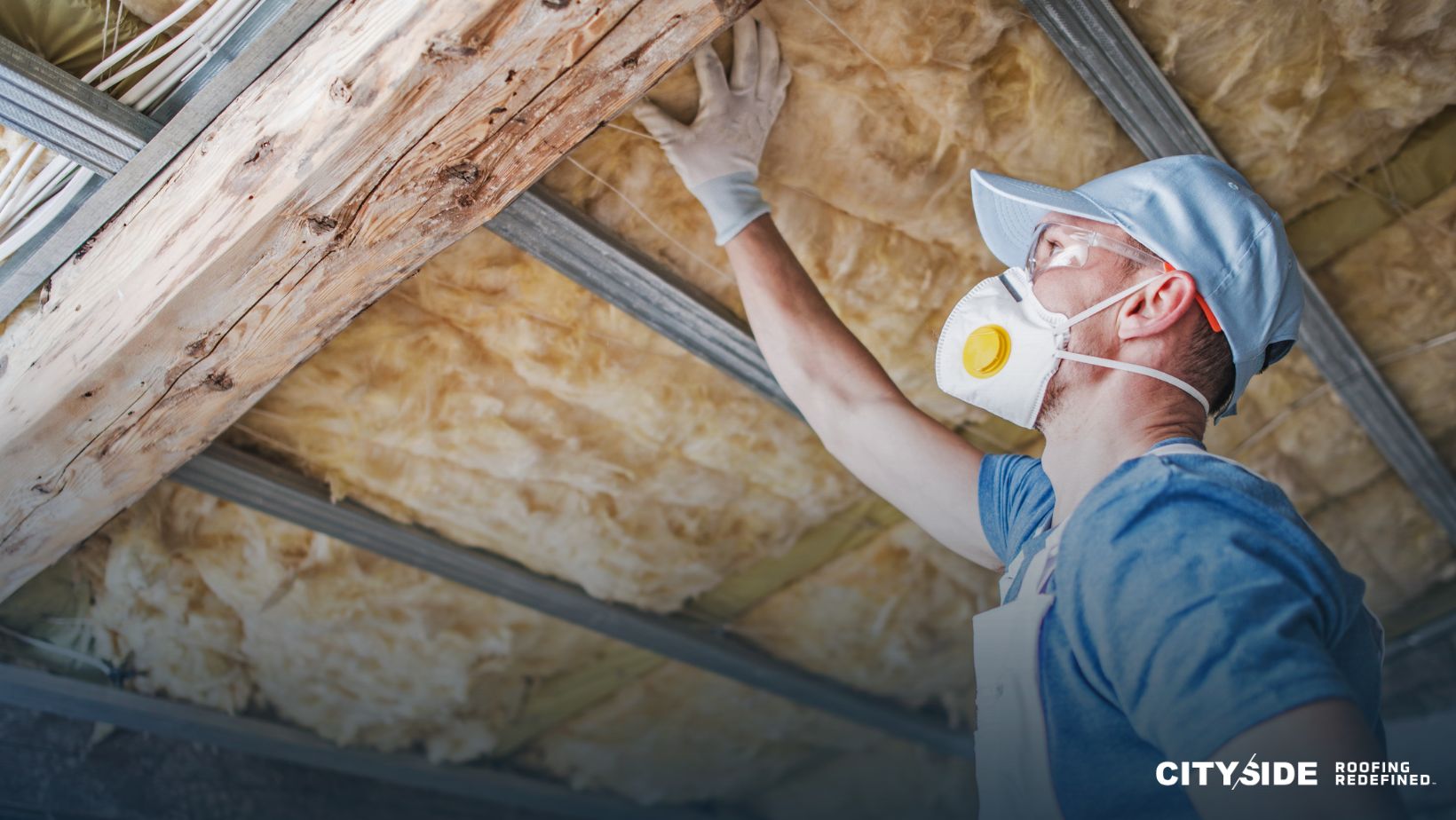 A man in a mask and gloves is working on a roof