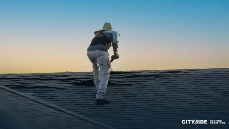 A man wearing a hat stands on a rooftop