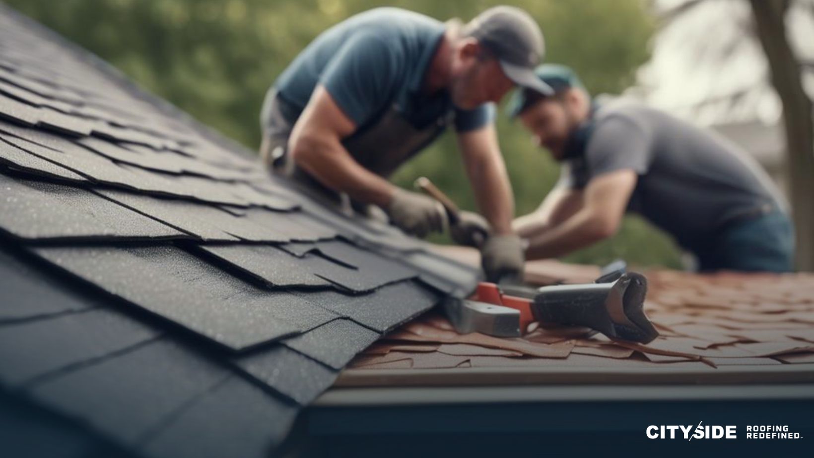 Two men are on a roof