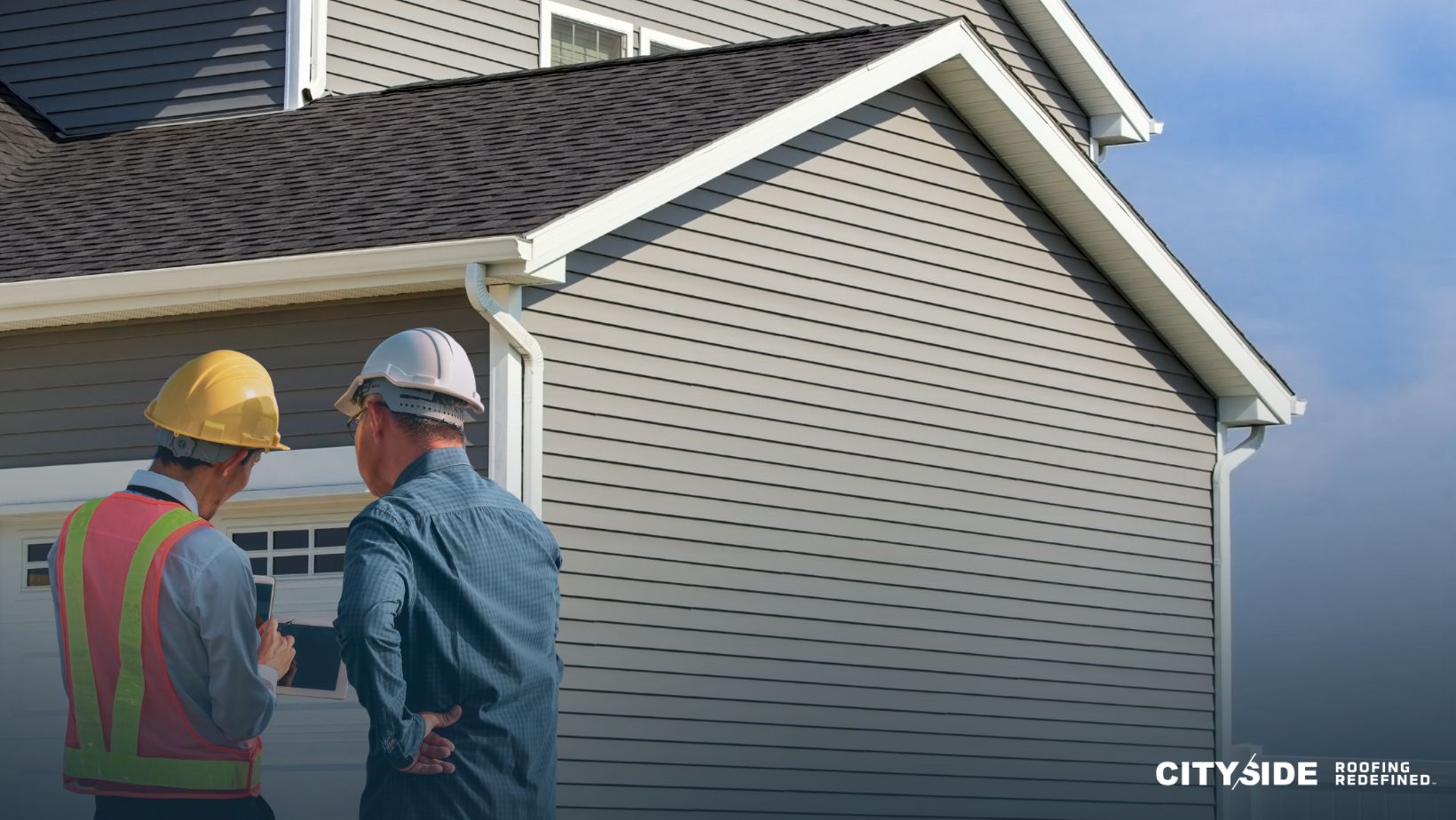 Two men are positioned in front of a house