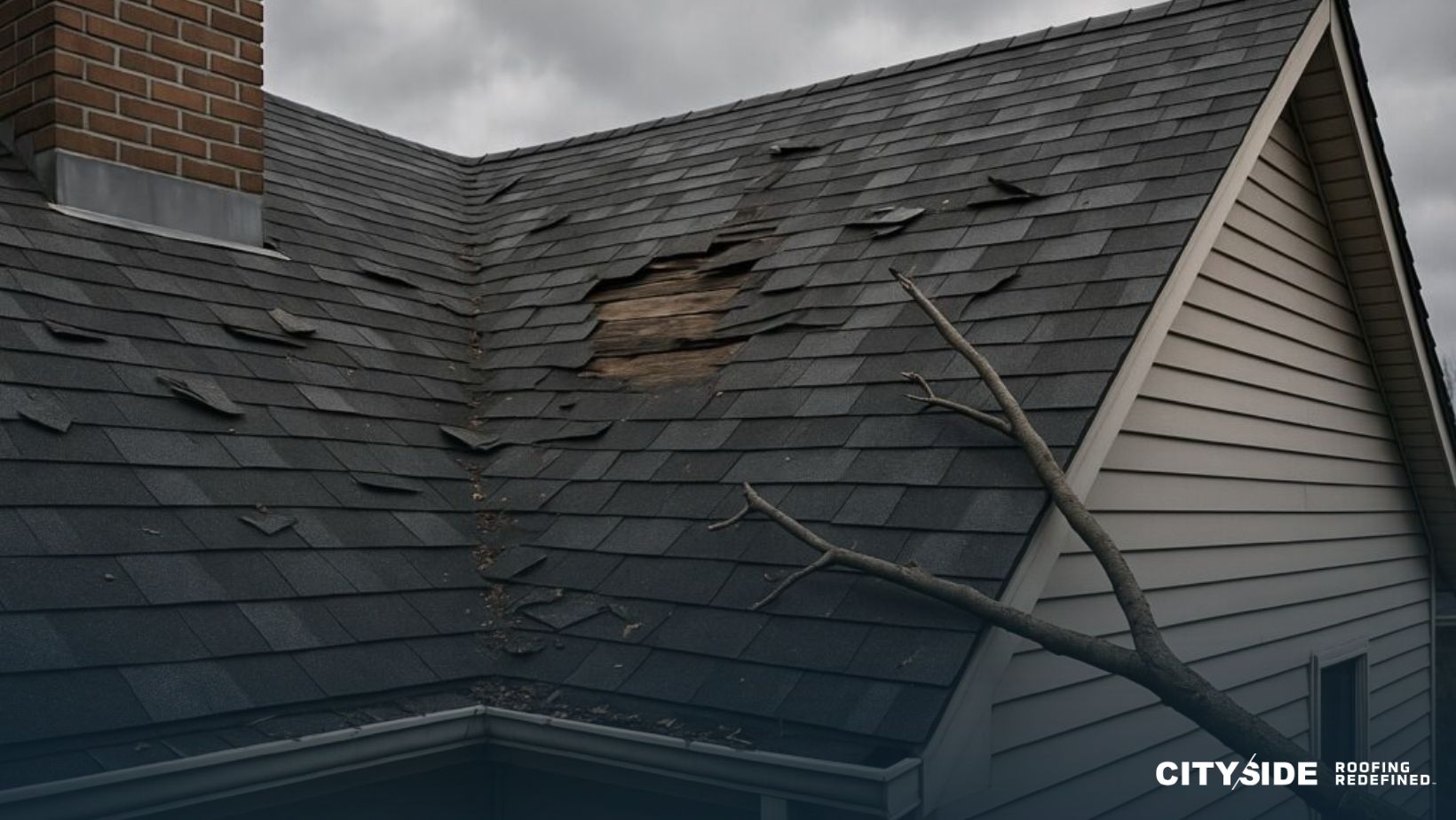 A roof featuring a broken shingle alongside a fallen tree branch