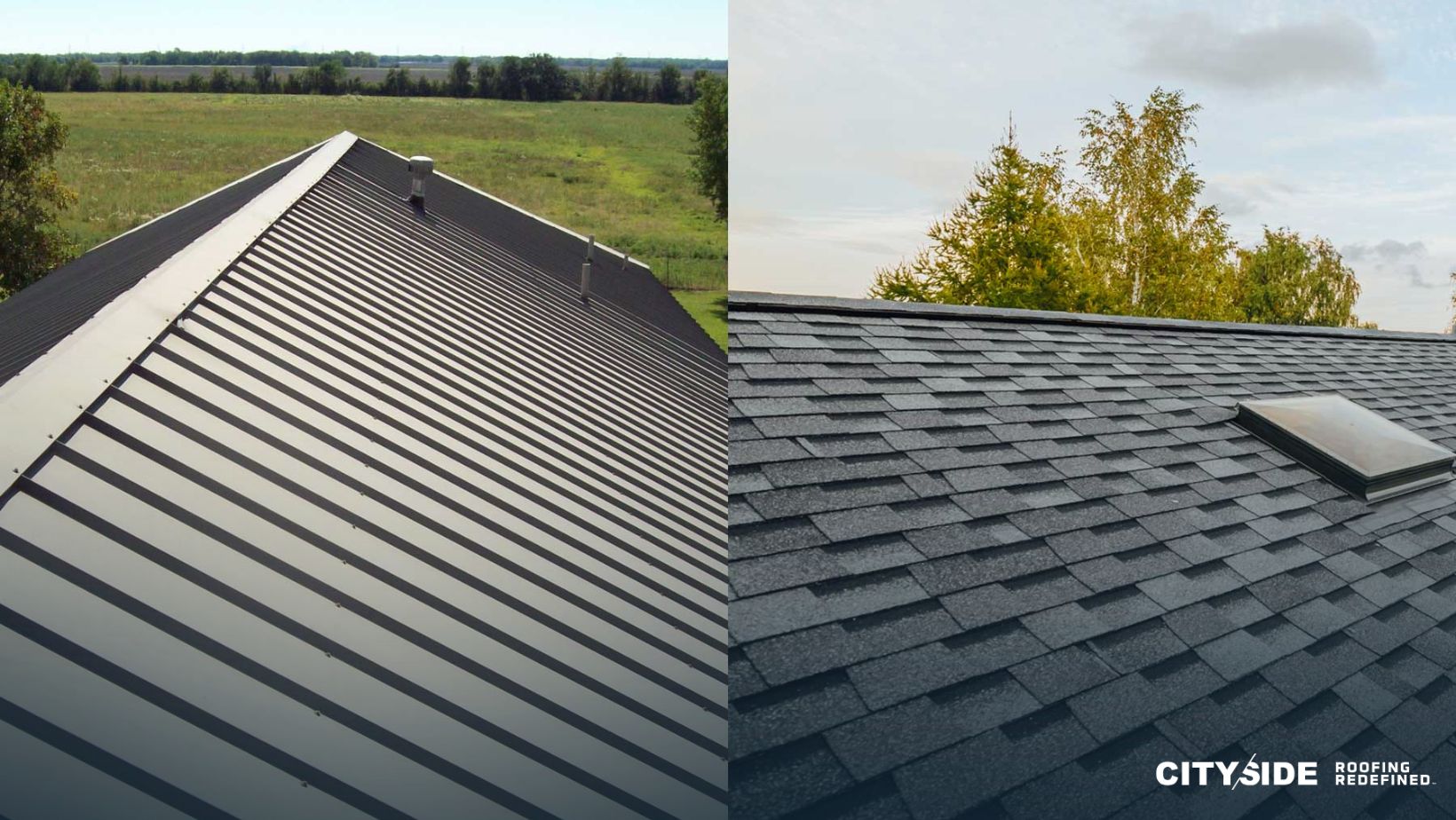 Two views of a building featuring a black shingled roof