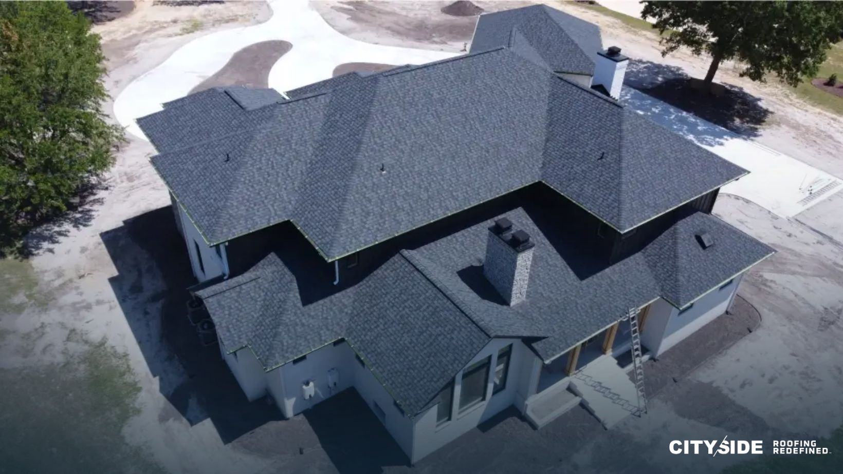 Top-down perspective of a house with a distinct roof