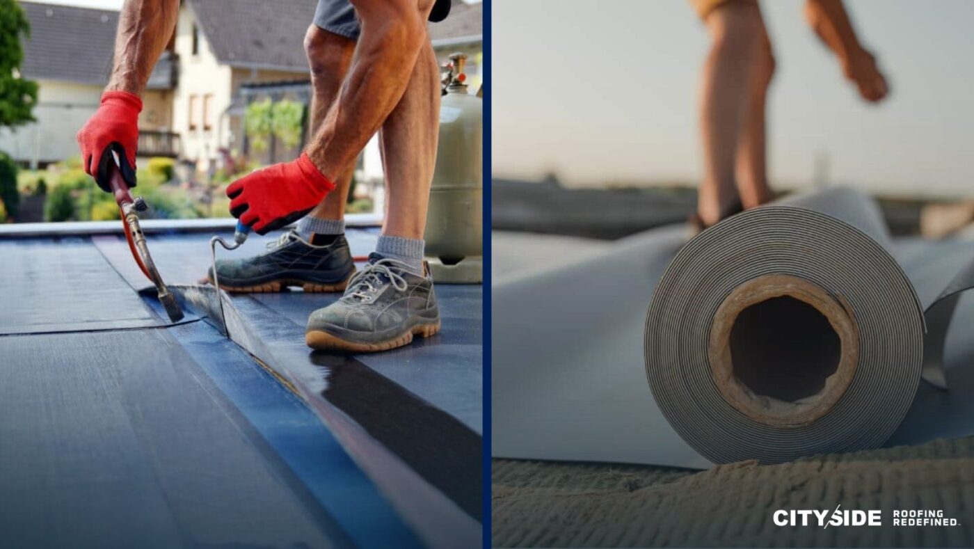 Two images depict a man utilizing a roll of plastic
