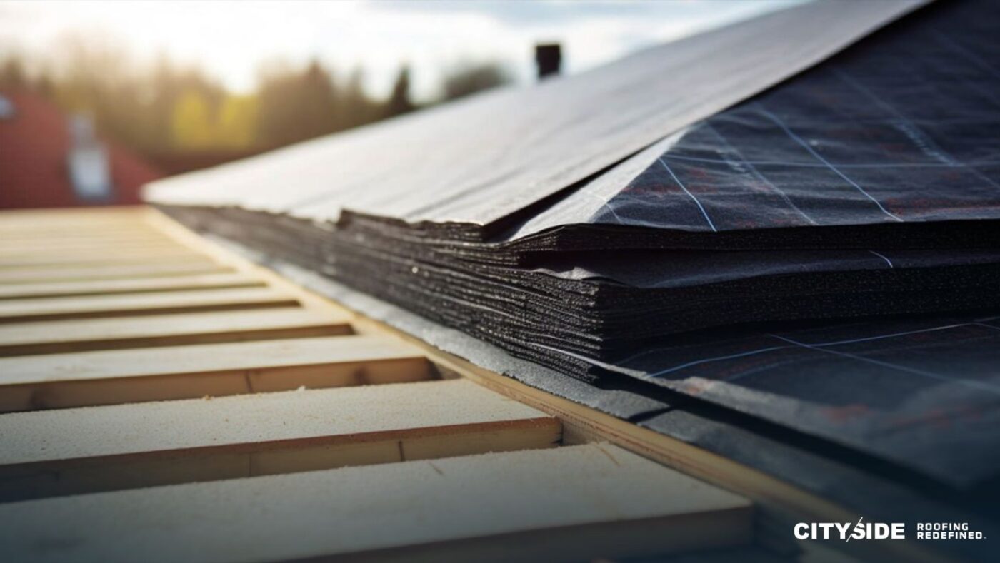 Roofing material is being installed on a wooden deck