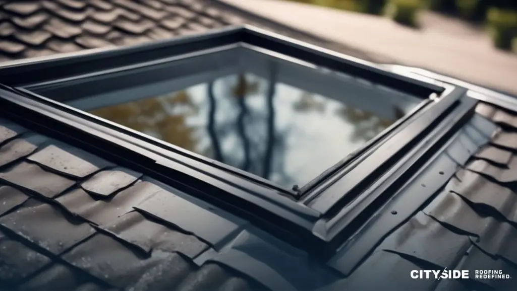 A close-up of a modern skylight framed by sleek, dark roof tiles. Reflections of trees are visible on the glass, conveying a serene, natural setting.