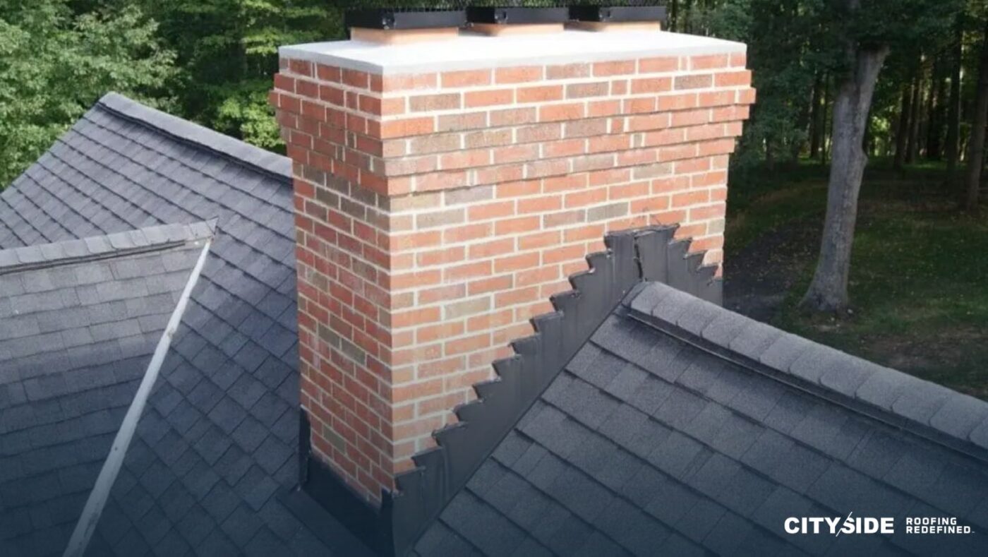 A brick chimney topped with a brick chimney cap against a clear sky