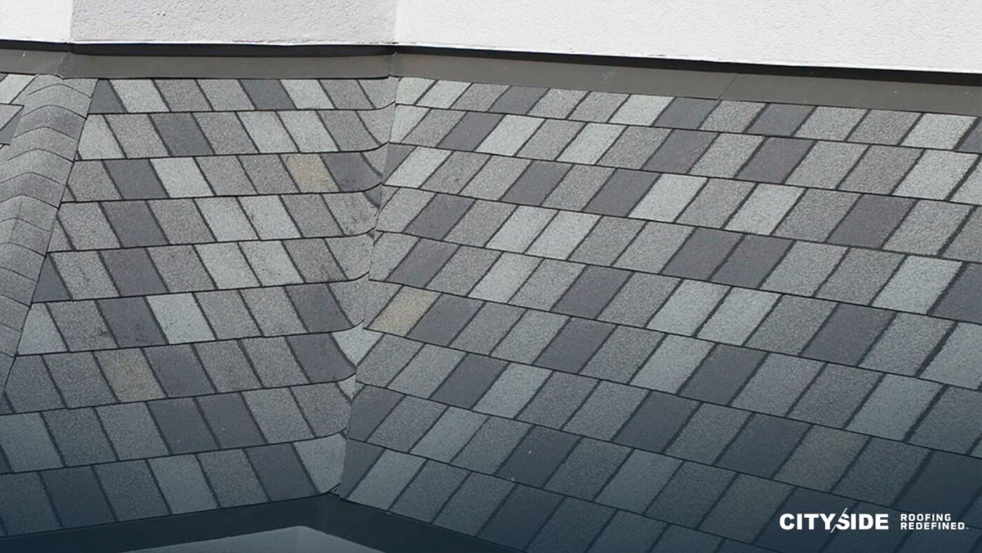 Close-up of a gray shingle roof