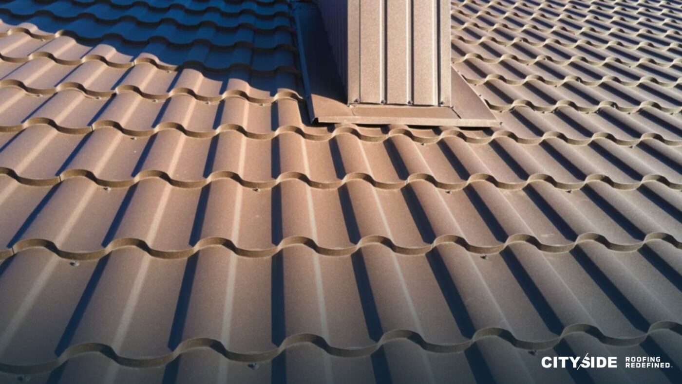 A close-up view of a roof featuring a sleek, modern metal roofing system.
