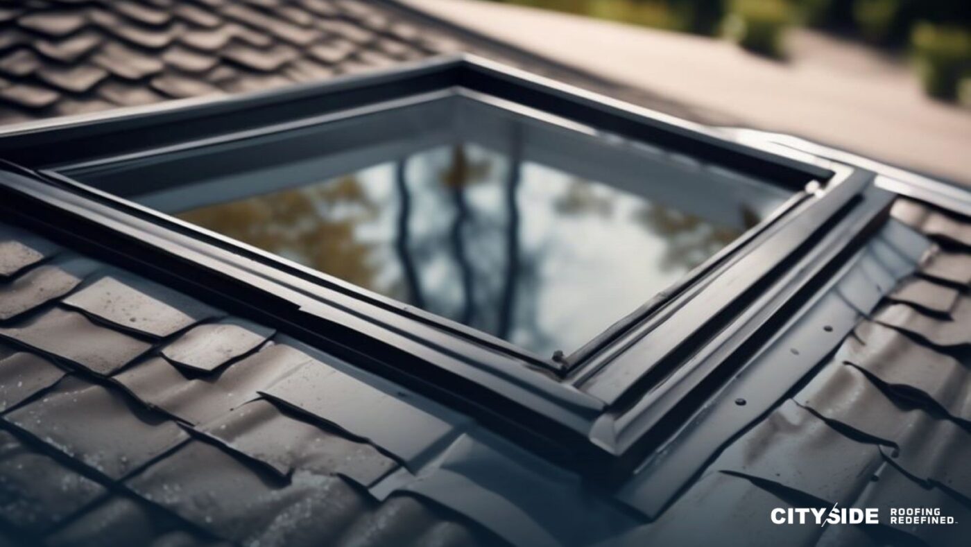 A skylight on a rooftop reflects the sky above