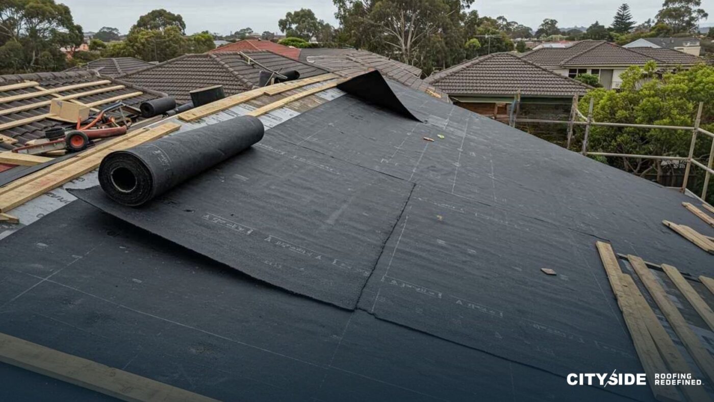 A close-up of a roof being covered with black tar and roofing material