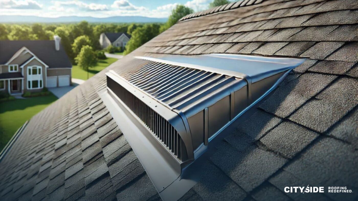 A metal roof vent installed on top of a house