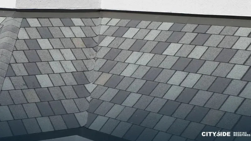 Close-up of a gray shingle roof