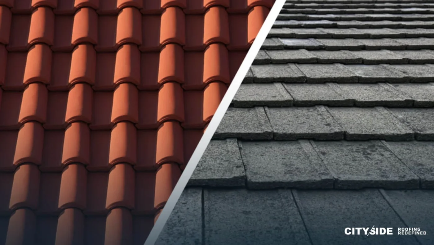 Comparison image showing a flat roof on one side and a pitched roof on the other, highlighting their structural differences.