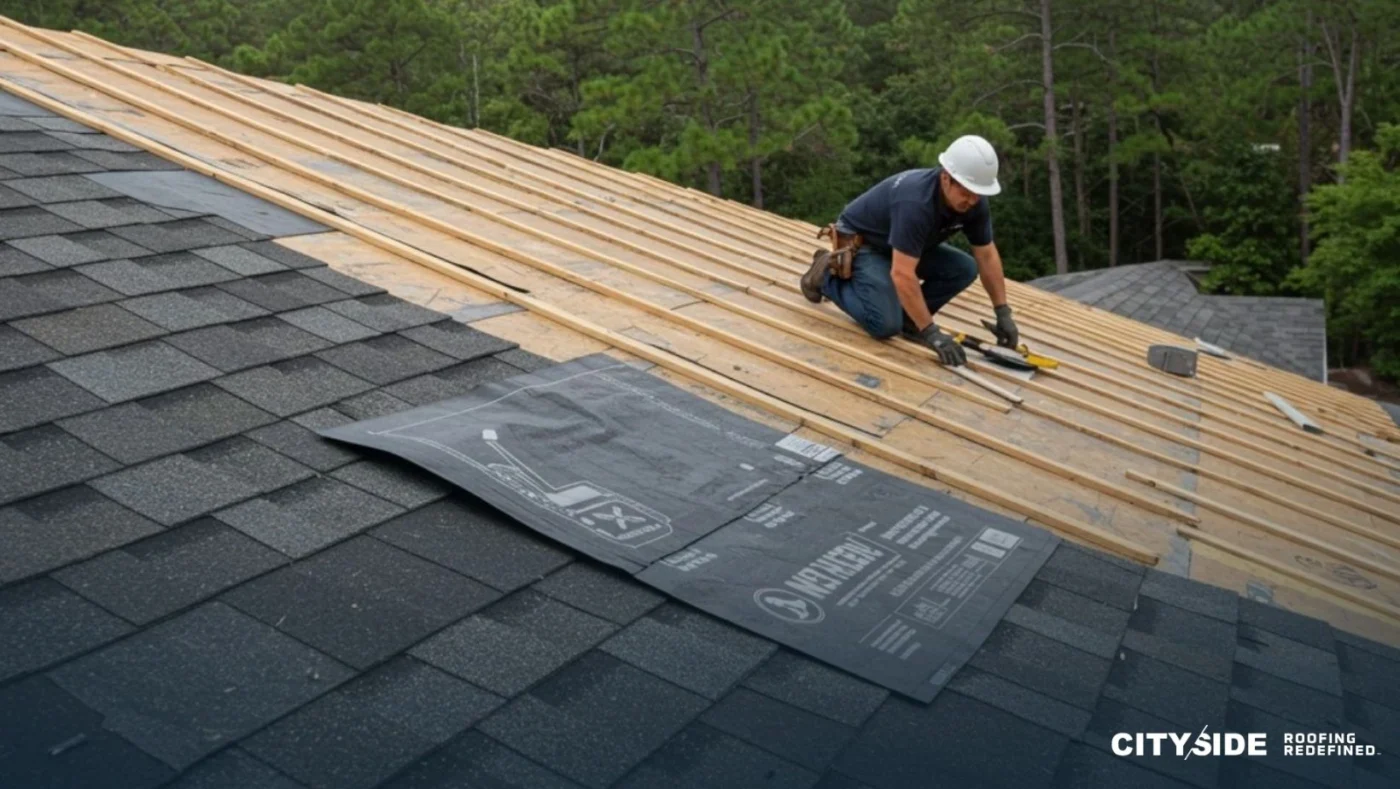 A man installs roofing shingles on a sloped roof, focused on his work while wearing safety gear.