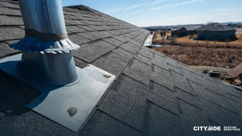 roof with prominent metal vent positioned on its surface. (1)