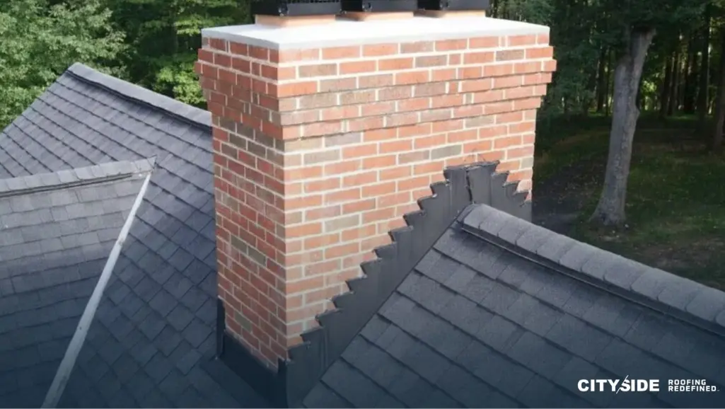 A brick chimney topped with a brick chimney cap