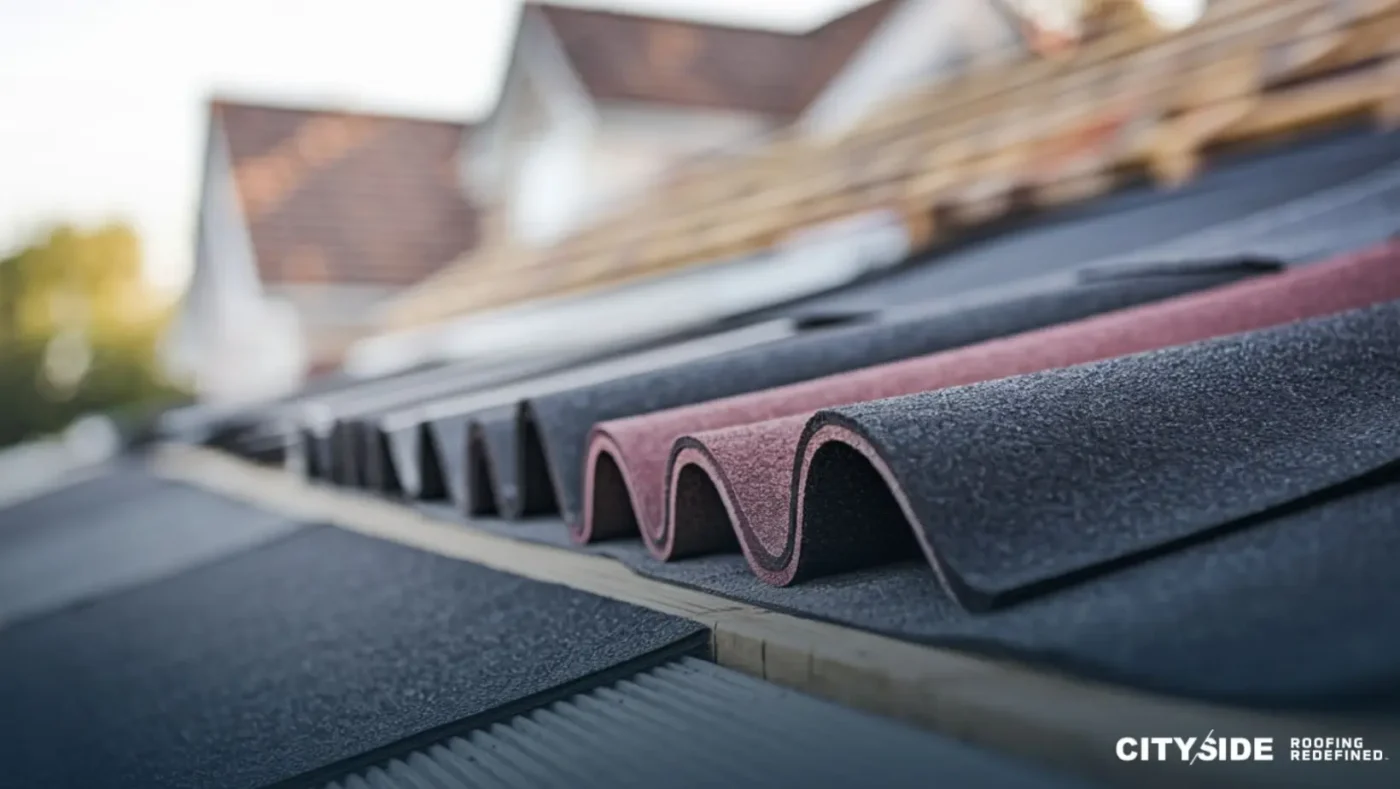 Close-up of layered roofing shingles, with a textured gray and pink pattern. The background shows blurred rooftops and trees under soft daylight.