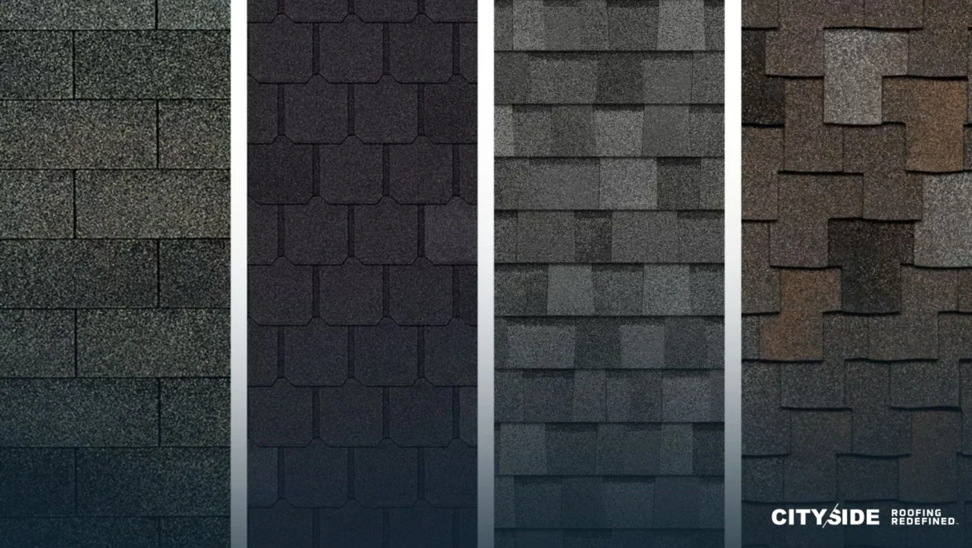 Four distinct types of shingles displayed, showcasing various colors and textures for roofing options.