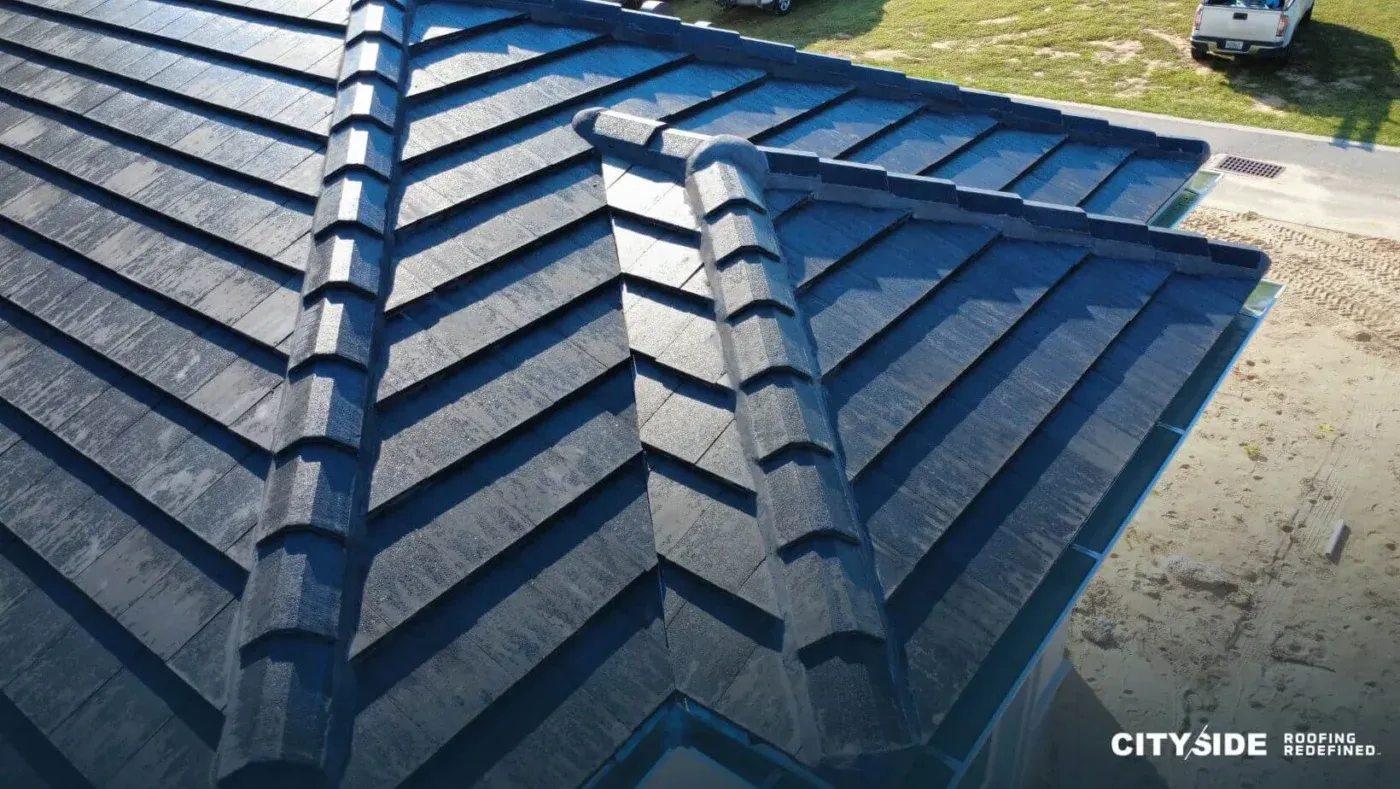 A house roof featuring a sleek black design, showcasing a modern architectural style.