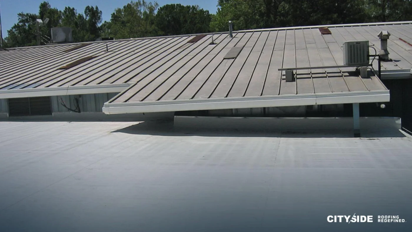 A roof featuring a durable metal roofing system, showcasing its sleek design and modern construction.