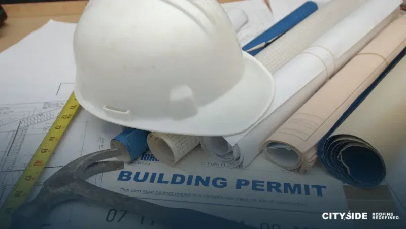 A hard hat and construction tools placed on roofing building permit