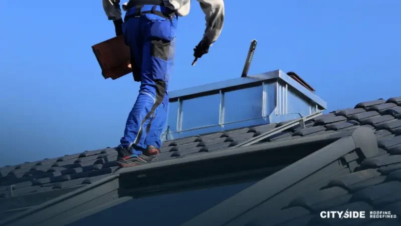 A man stands on a house roof, holding a tool, surveying the area around