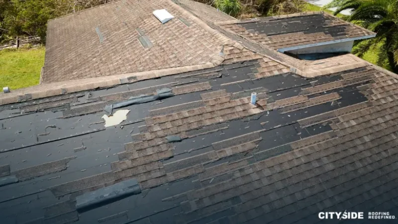 A roof featuring a broken shingle
