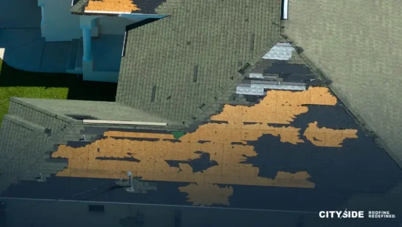 A roof with a significant hole, indicating structural damage and potential weather exposure.