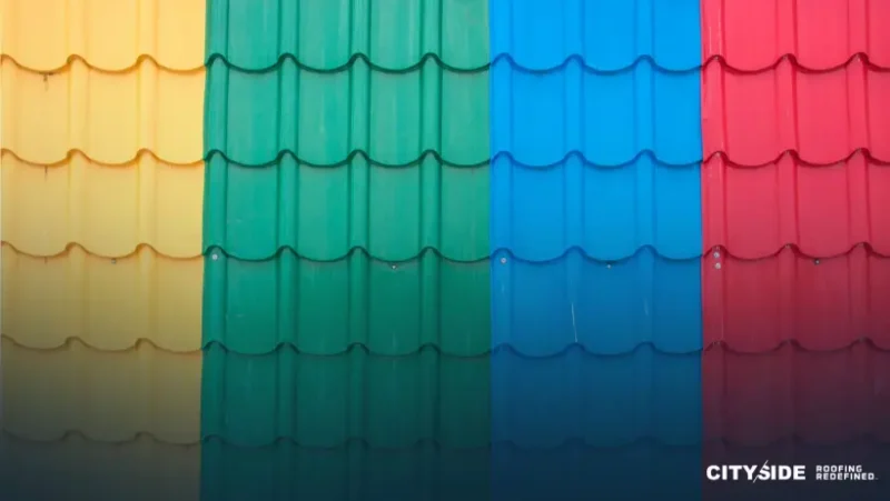 A vibrant array of roof tiles featuring the text colorful roof tiles prominently displayed on the surface