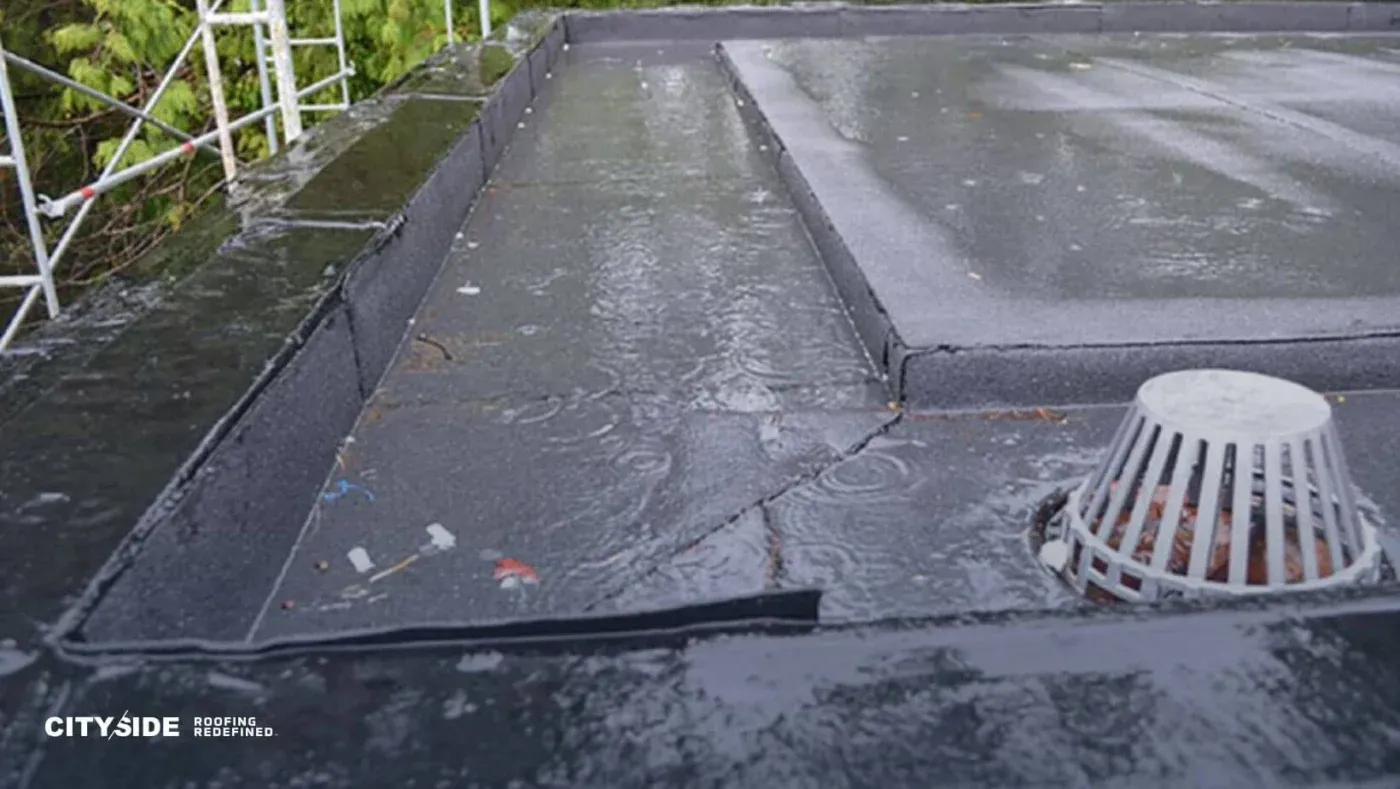 Flat roof with standing water near a drainage grate, bordered by black roofing material; wet surface indicates recent rain.