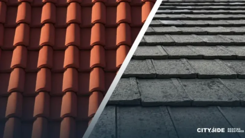 Comparison image showing a flat roof on one side and a pitched roof on the other, highlighting their structural differences.