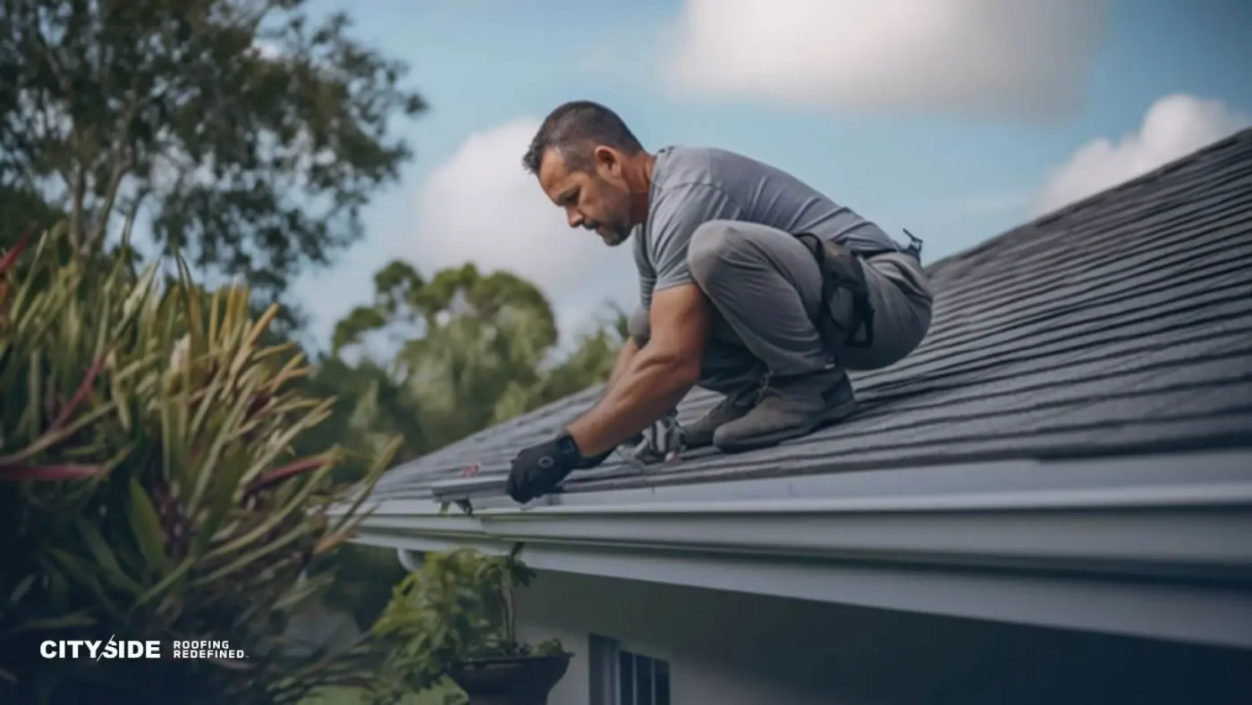 A man working on a roof, wearing gloves and crouched down while using tools.