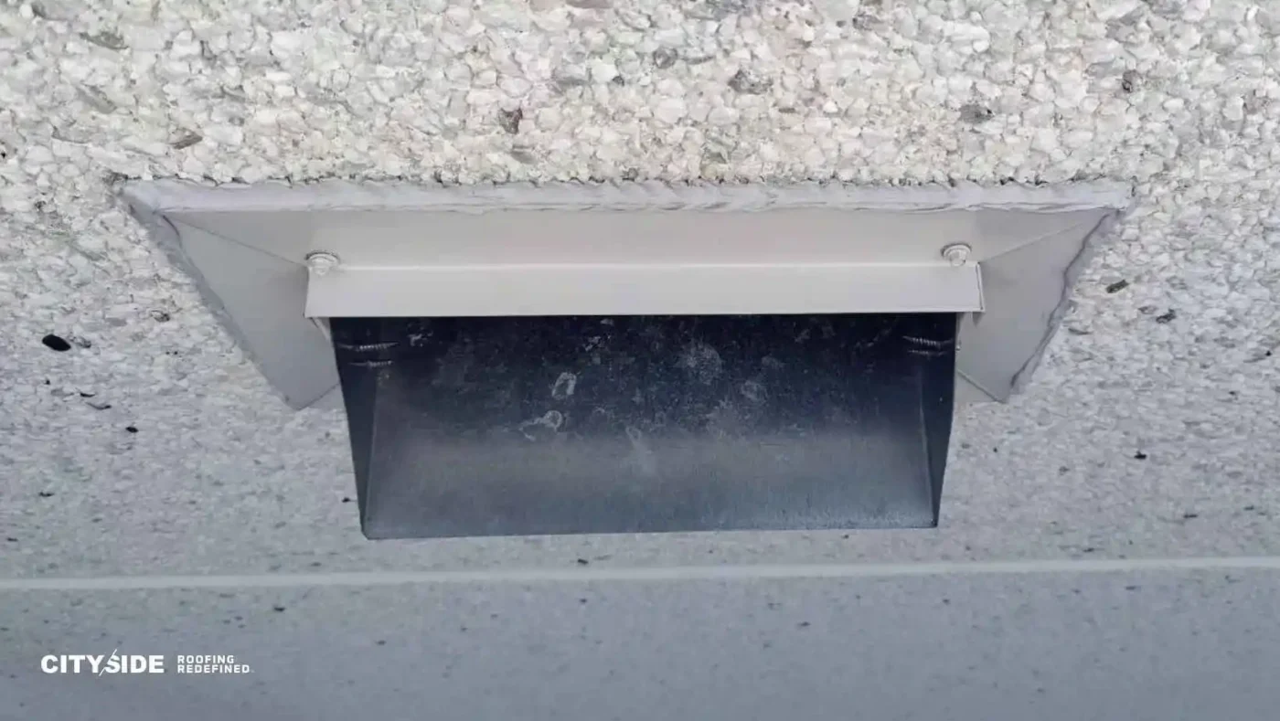 White textured ceiling with a black, rectangular attic vent in the center. "CitySide Roofing Redefined" logo in the bottom left corner. Clean, industrial look.