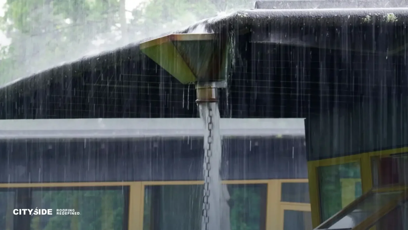 Heavy rain pours off a modern roof into a chain downspout, surrounded by lush greenery. The scene conveys a sense of tranquility and nature.