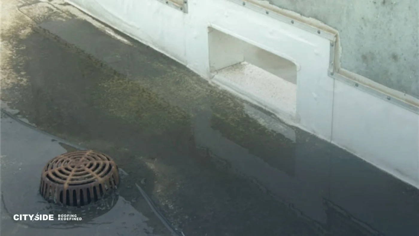 A rooftop surface is partially covered with standing water, pooling around a metal drain. Nearby is a wall with a rectangular ventilation opening. The mood is damp and overcast.
