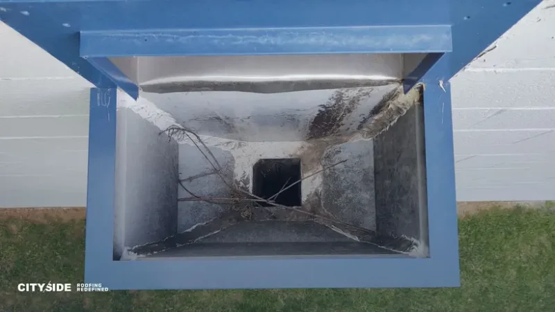 View of a blue metal roof drainage system from above, showing debris like twigs and dirt inside. The scene has a neglected, industrial feel.