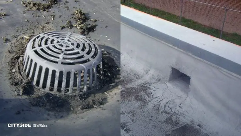 Split image showing two roof drains: left, a circular drain with debris around, right, a rectangular drain with cracks nearby. Both convey neglect.